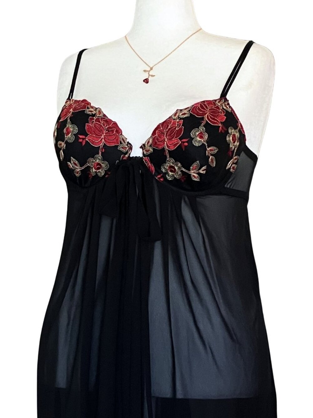 Vintage 90s Sheer Black Lingerie Long Slip Dress Embroidered. M/L. Whimsigoth - Picture 7 of 11